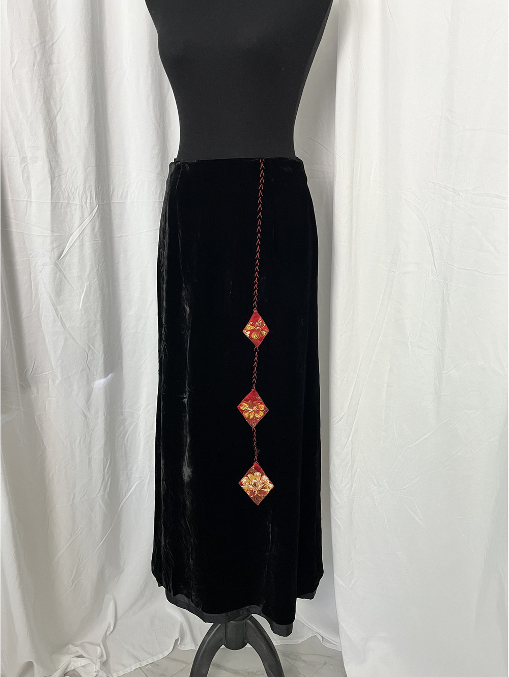 Vintage Black Velvet Maxi Skirt Red Silk Floral Diamond Appliqué | SZ 4